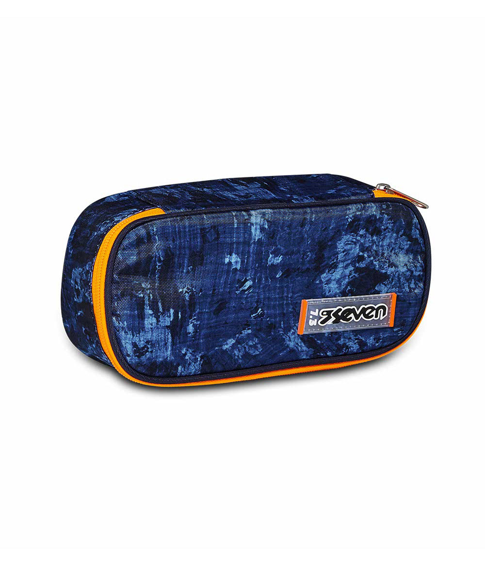 Trousse Scolaire Seven ROUND PLUS BIG – 23x11x7 Cm, Organisateur Intérieur, Tissu Recyclé, Bleu Indigo